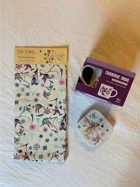 Native Northwest Hummingbird Tea Towel, Ceramic Mug, and Coaster Set